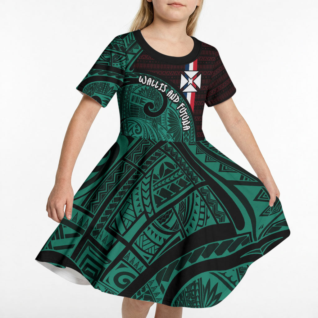 Wallis And Futuna Kid Short Sleeve Dress Tribal Polynesian Tattoo Heritage Cross Flag