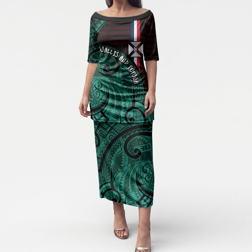 Wallis And Futuna Puletasi Tribal Polynesian Tattoo Heritage Cross Flag TS04 Long Dress Green Black - Polynesian Pride