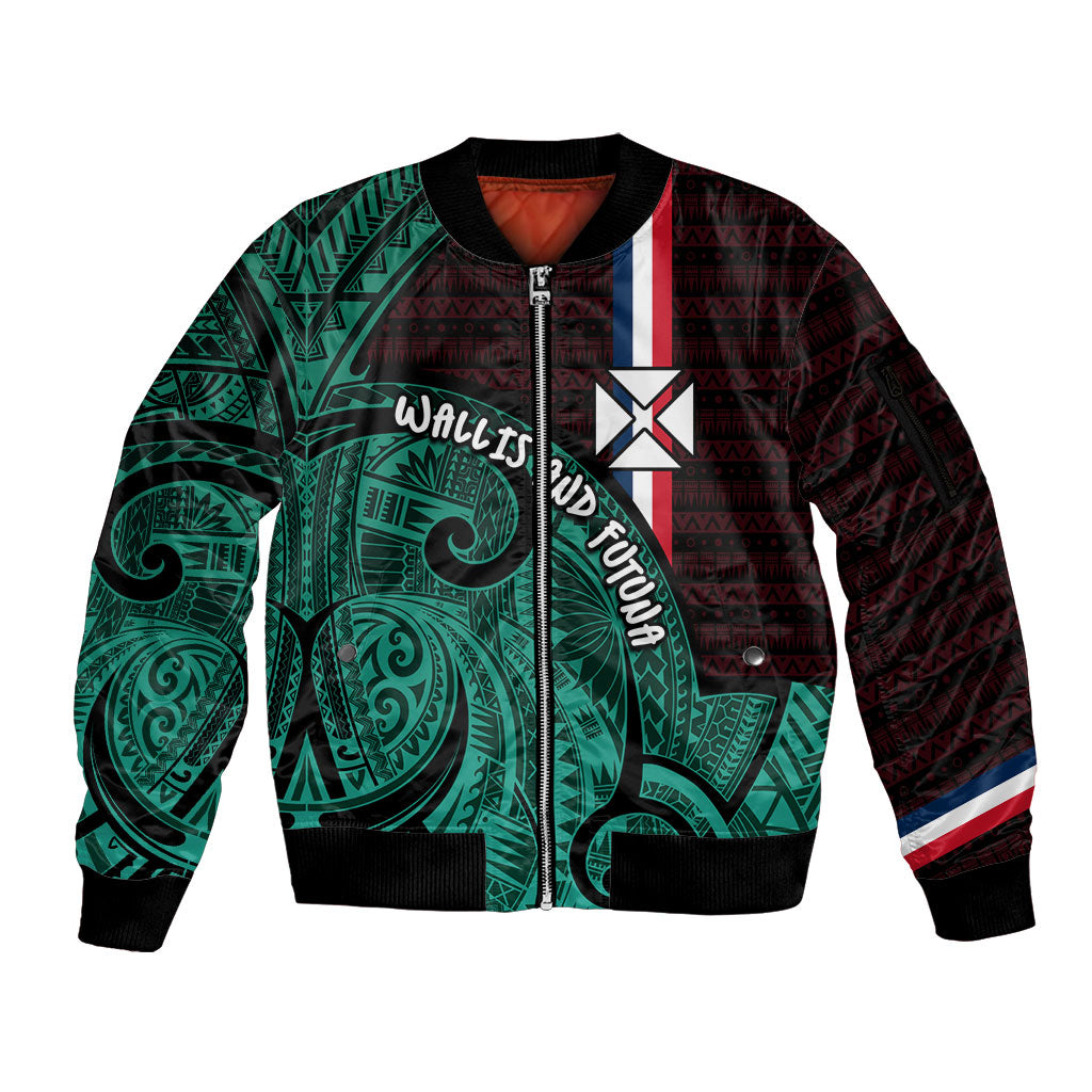 Wallis And Futuna Sleeve Zip Bomber Jacket Tribal Polynesian Tattoo Heritage Cross Flag TS04 Unisex Green Black - Polynesian Pride