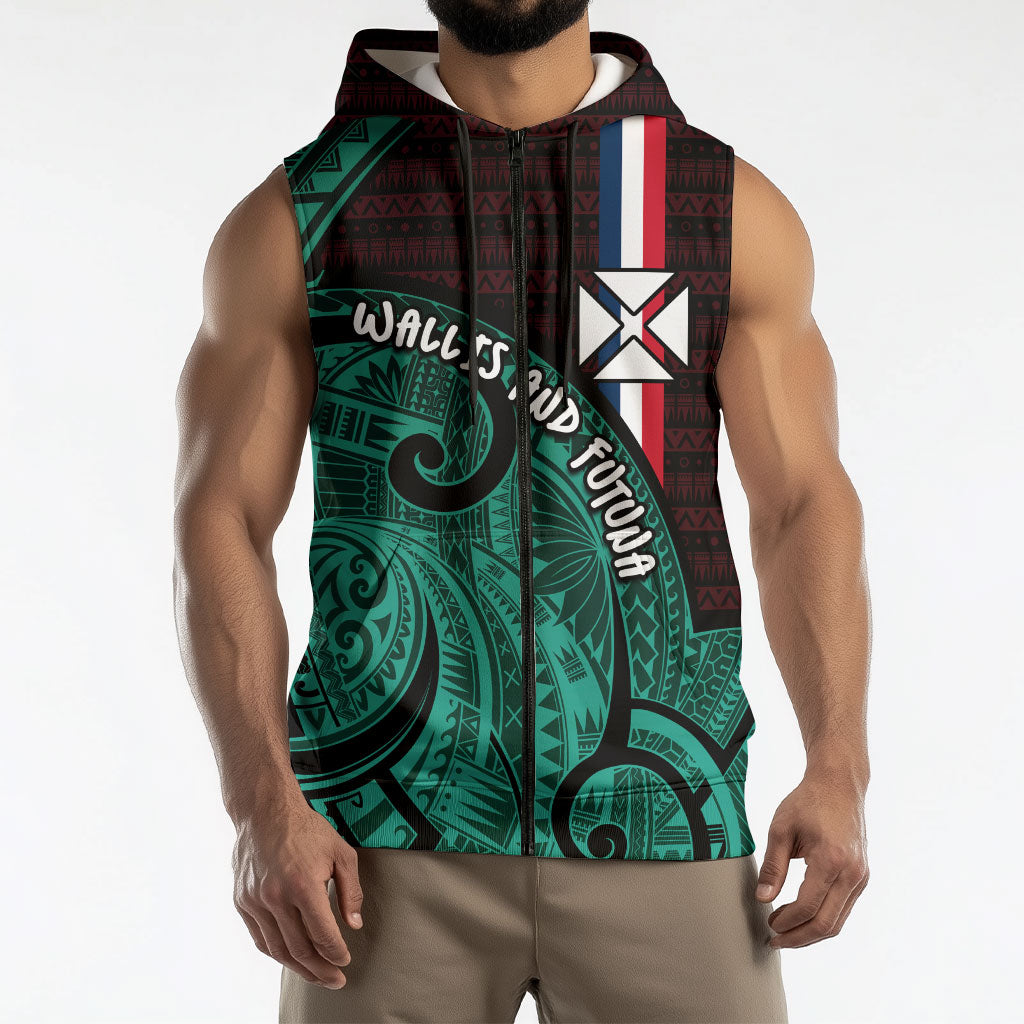 Wallis And Futuna Sleeveless Zip Hoodie Tribal Polynesian Tattoo Heritage Cross Flag