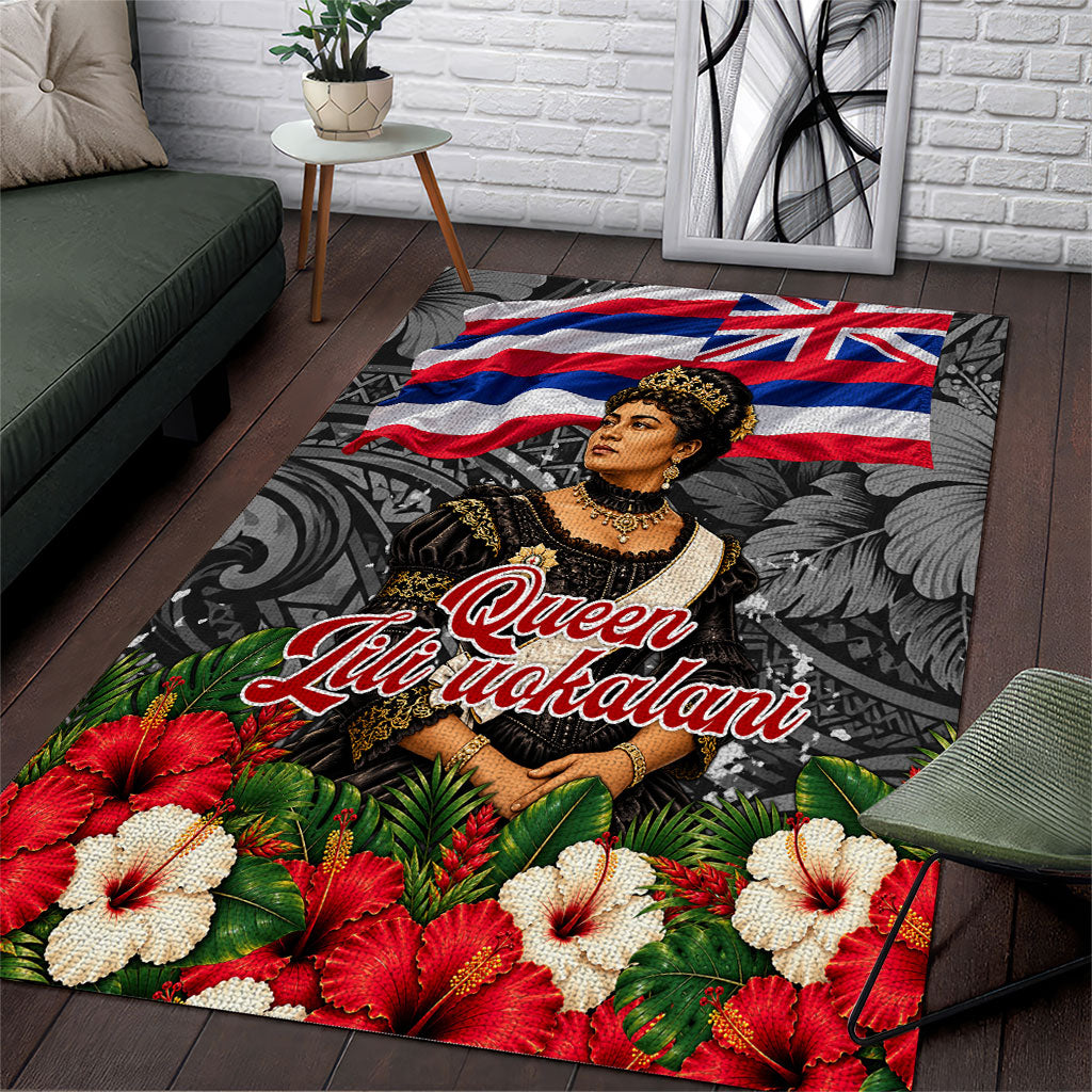 Queen Liliuokalani Hawaiian Flag Area Rug Polynesian Tribal Pattern And Tropical Hibiscus TS04 Grey Red - Polynesian Pride
