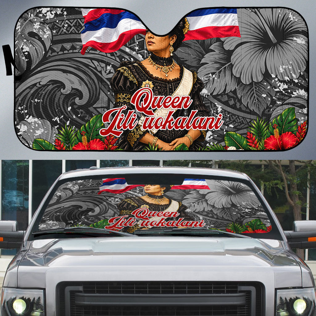 Queen Liliuokalani Hawaiian Flag Auto Sun Shade Polynesian Tribal Pattern And Tropical Hibiscus