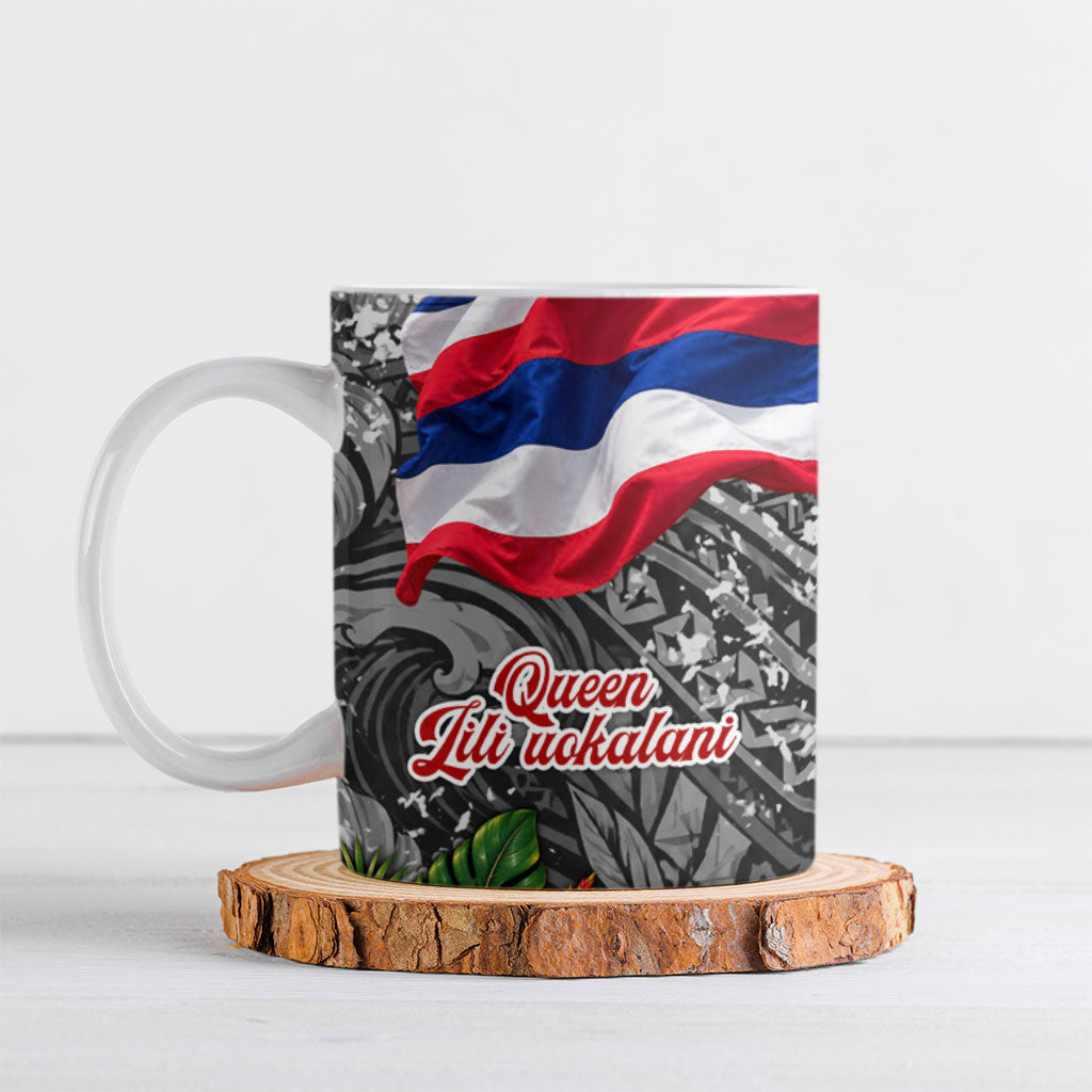 Queen Liliuokalani Hawaiian Flag Ceramic Mug Polynesian Tribal Pattern And Tropical Hibiscus TS04 Grey Red - Polynesian Pride
