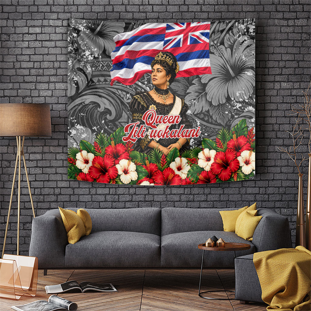 Queen Liliuokalani Hawaiian Flag Tapestry Polynesian Tribal Pattern And Tropical Hibiscus TS04 Grey Red - Polynesian Pride