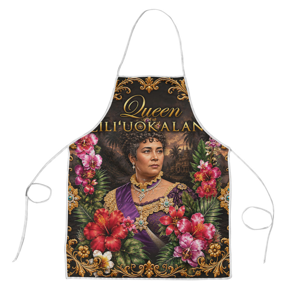 Queen Liliuokalani Hawaii Apron Royal Portrait Golden Floral Frame Tropical Hibiscus
