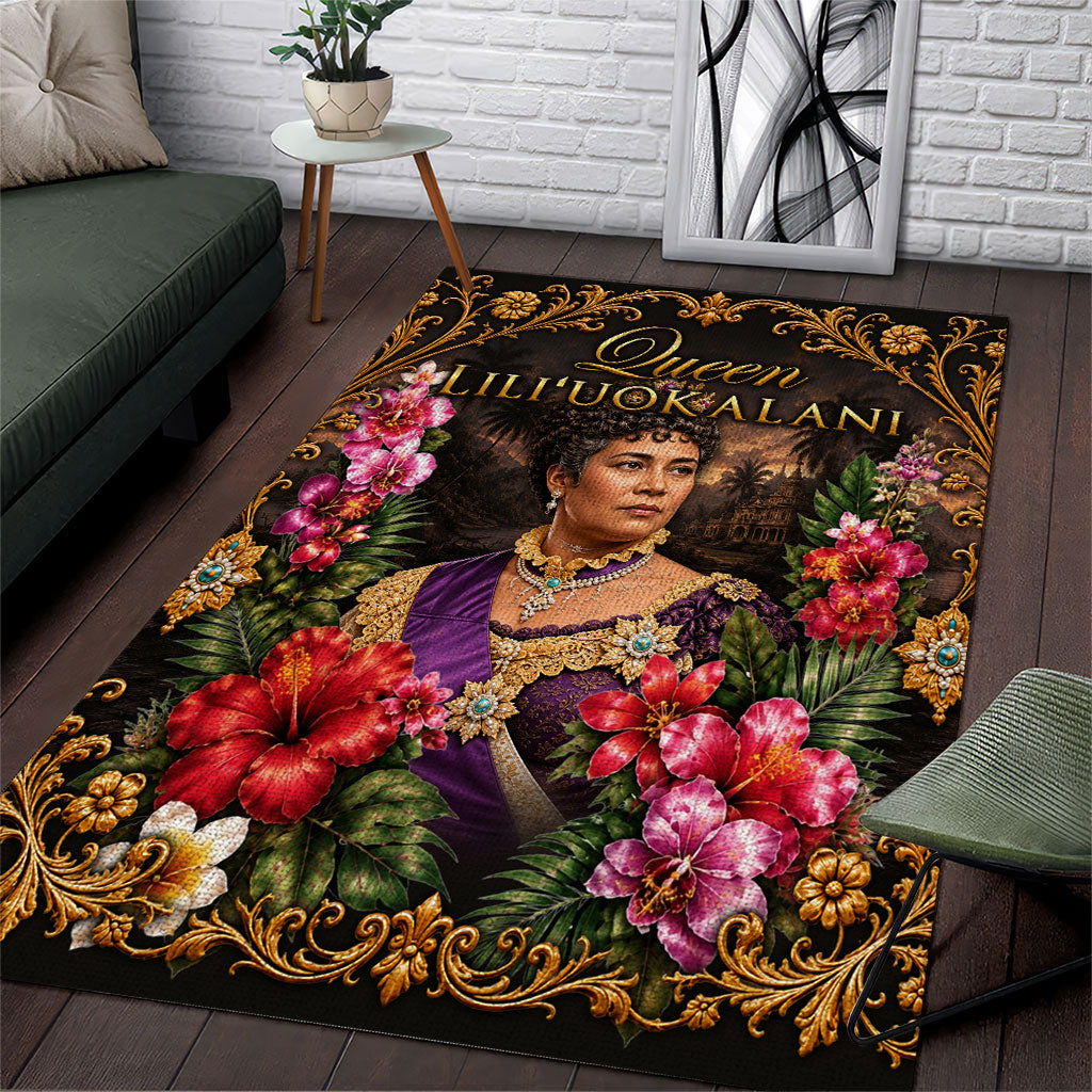 Queen Liliuokalani Hawaii Area Rug Royal Portrait Golden Floral Frame Tropical Hibiscus TS04 Black Gold - Polynesian Pride