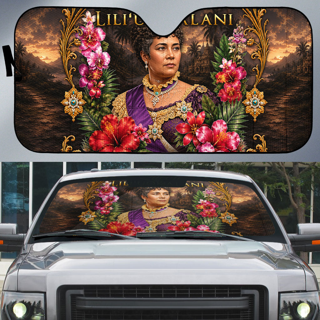 Queen Liliuokalani Hawaii Auto Sun Shade Royal Portrait Golden Floral Frame Tropical Hibiscus