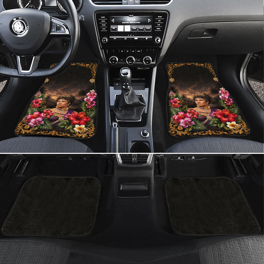 Queen Liliuokalani Hawaii Car Mats Royal Portrait Golden Floral Frame Tropical Hibiscus TS04 Set 4pcs Black Gold - Polynesian Pride