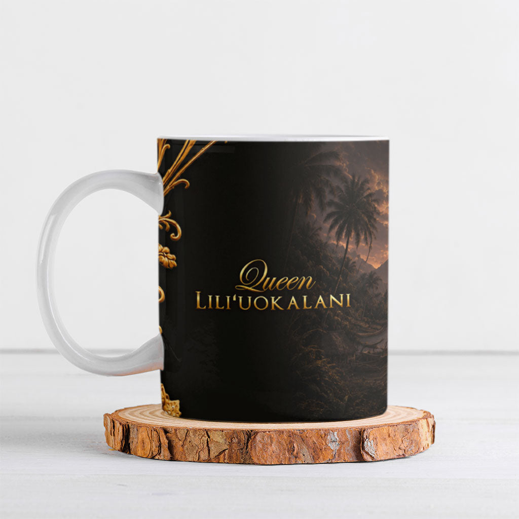 Queen Liliuokalani Hawaii Ceramic Mug Royal Portrait Golden Floral Frame Tropical Hibiscus TS04 Black Gold - Polynesian Pride