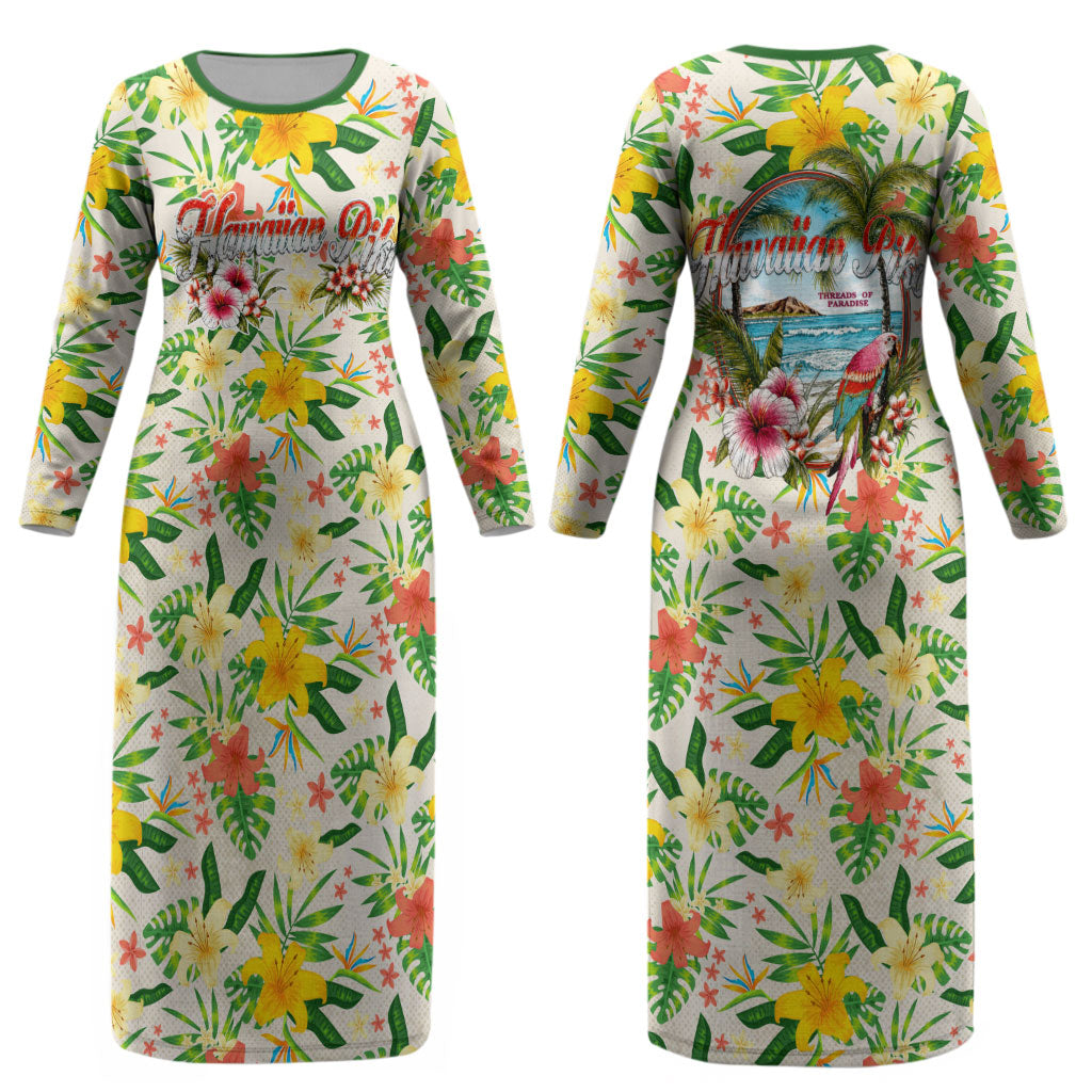 Hawaiian Piko Threads Of Paradise Aloha Couples Matching Long Sleeve Bodycon Dress and Hawaiian Shirt Tropical Hibiscus Plumeria