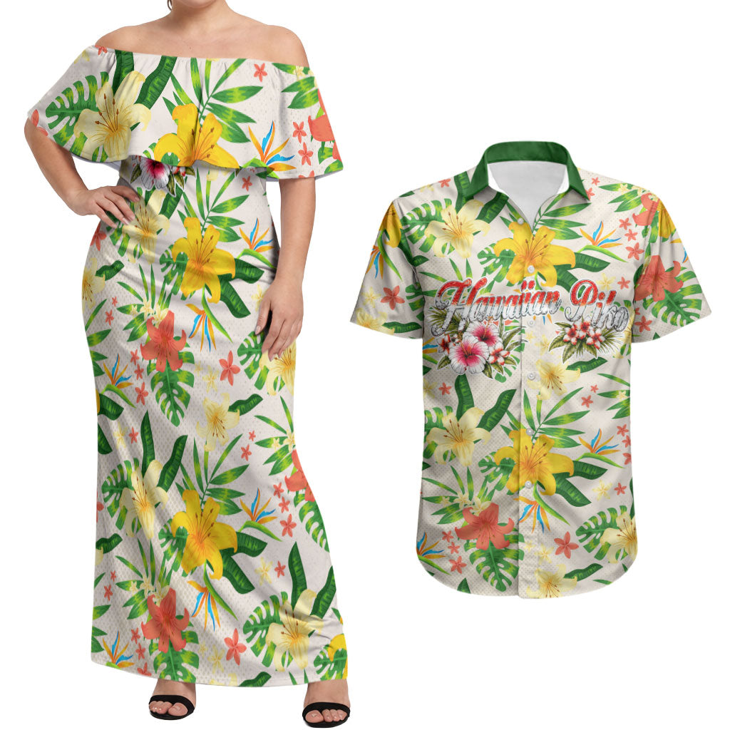 Hawaiian Piko Threads Of Paradise Aloha Couples Matching Off Shoulder Maxi Dress and Hawaiian Shirt Tropical Hibiscus Plumeria