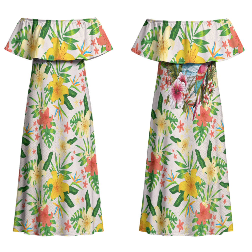 Hawaiian Piko Threads Of Paradise Aloha Couples Matching Off Shoulder Maxi Dress and Long Sleeve Button Shirt Tropical Hibiscus Plumeria