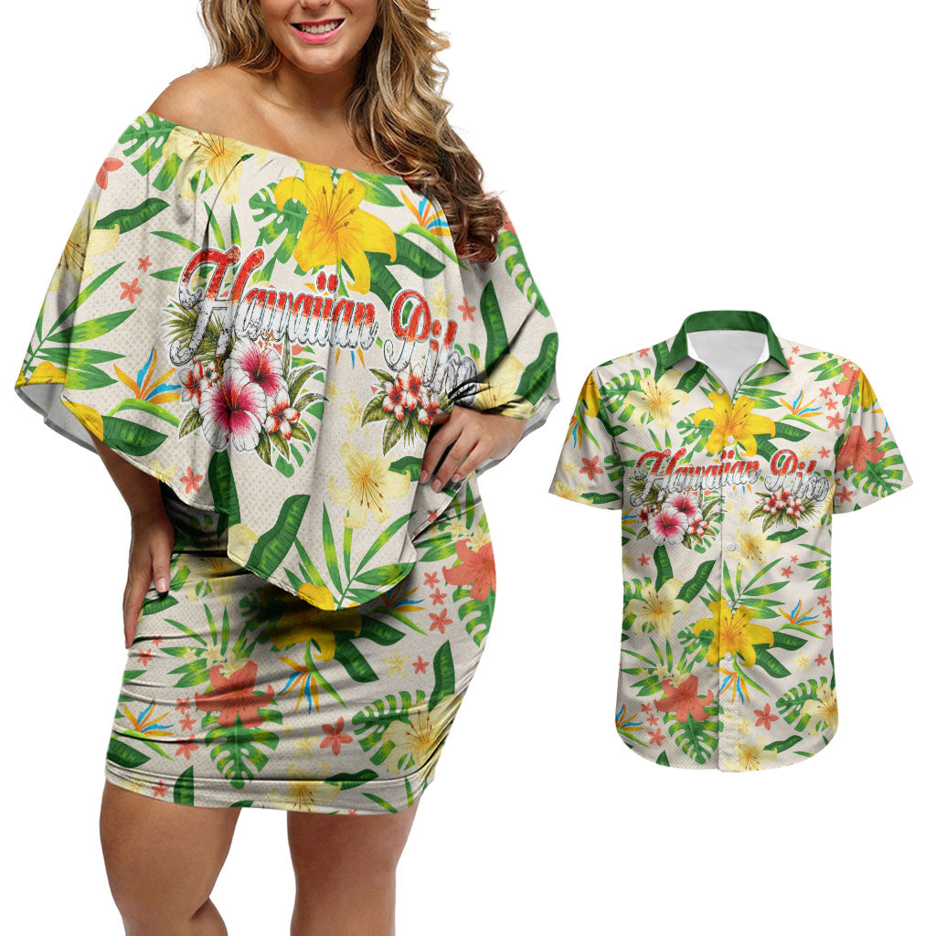 Hawaiian Piko Threads Of Paradise Aloha Couples Matching Off Shoulder Short Dress and Hawaiian Shirt Tropical Hibiscus Plumeria