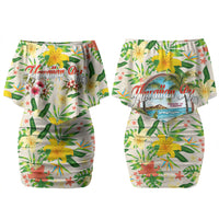 Hawaiian Piko Threads Of Paradise Aloha Couples Matching Off Shoulder Short Dress and Long Sleeve Button Shirt Tropical Hibiscus Plumeria