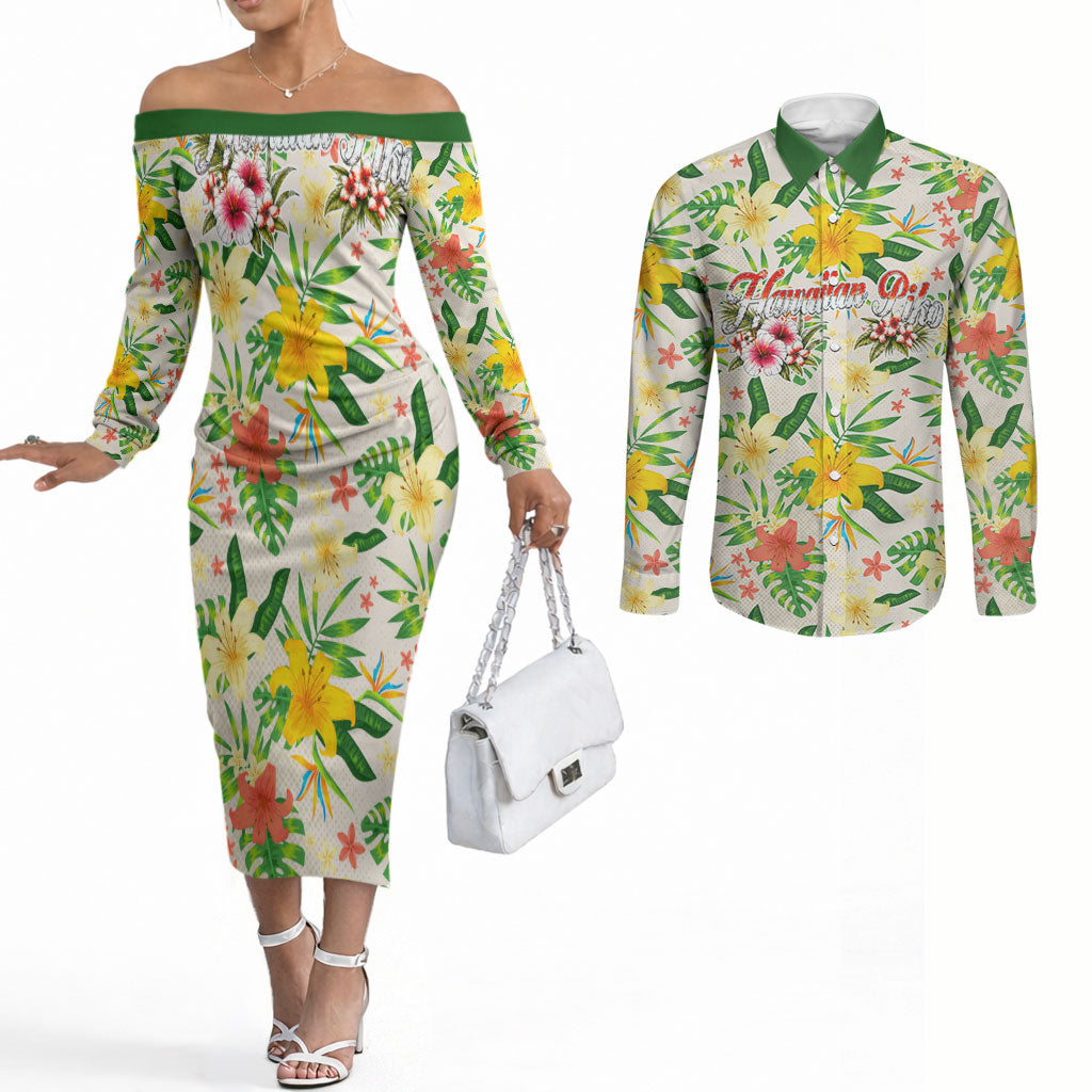 Hawaiian Piko Threads Of Paradise Aloha Couples Matching Off The Shoulder Long Sleeve Dress and Long Sleeve Button Shirt Tropical Hibiscus Plumeria