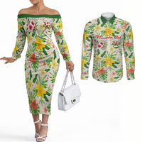 Hawaiian Piko Threads Of Paradise Aloha Couples Matching Off The Shoulder Long Sleeve Dress and Long Sleeve Button Shirt Tropical Hibiscus Plumeria