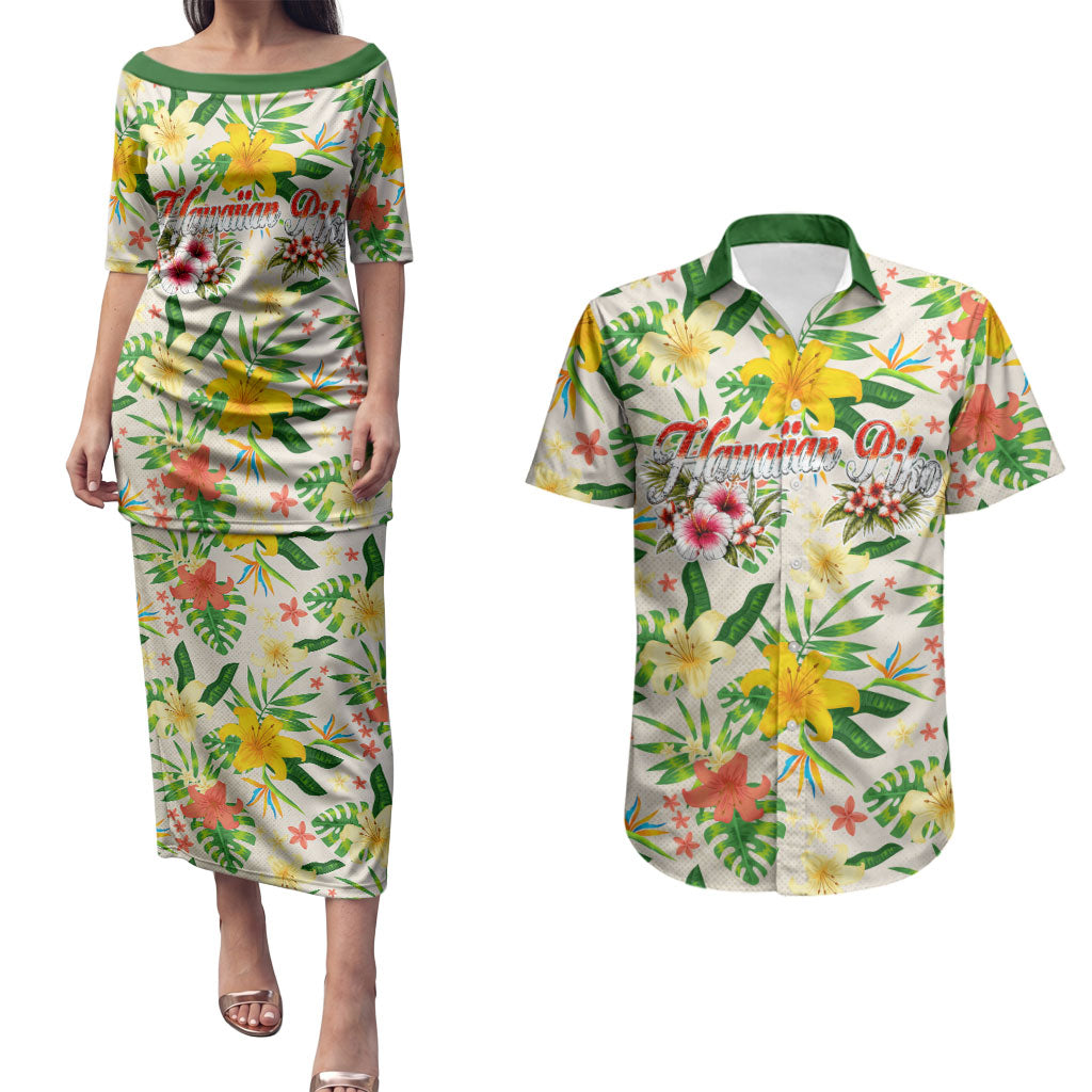 Hawaiian Piko Threads Of Paradise Aloha Couples Matching Puletasi and Hawaiian Shirt Tropical Hibiscus Plumeria TS04 White Green - Polynesian Pride