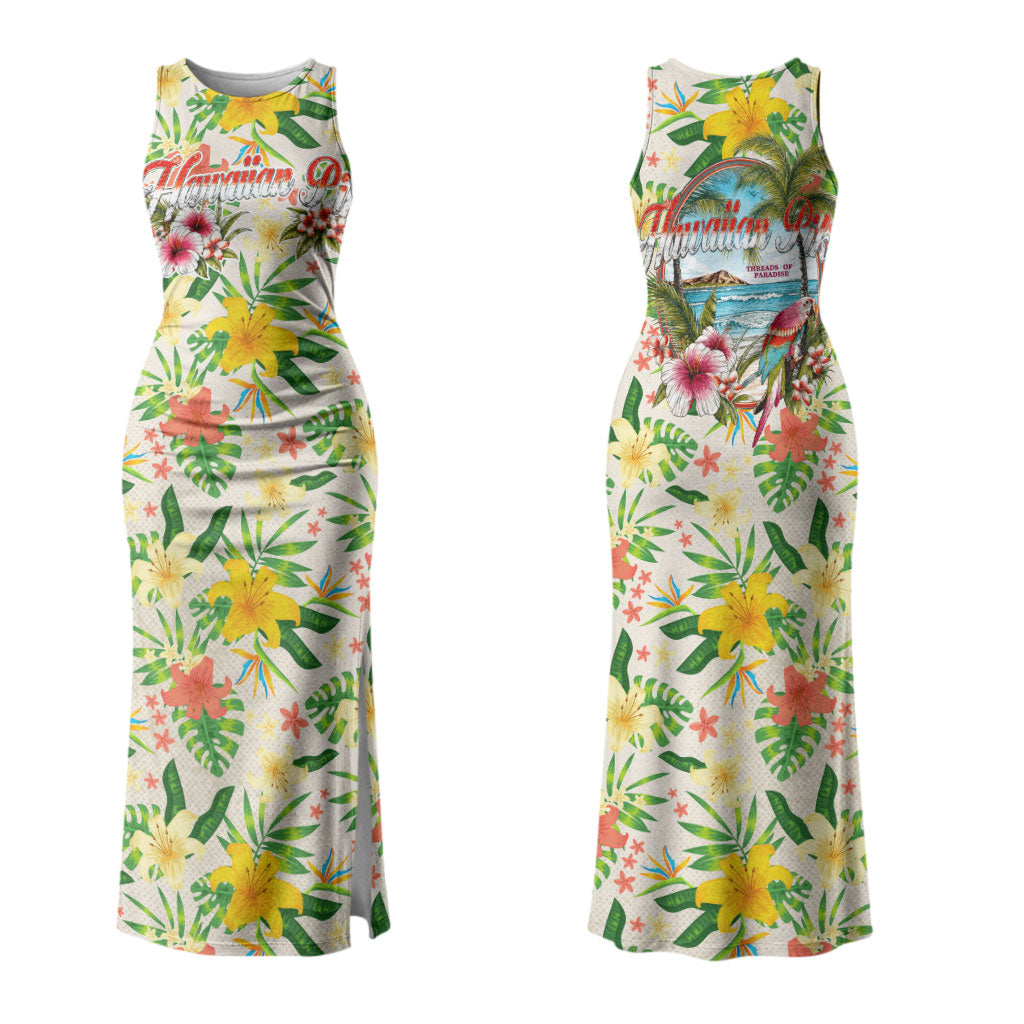 Hawaiian Piko Threads Of Paradise Aloha Couples Matching Tank Maxi Dress and Long Sleeve Button Shirt Tropical Hibiscus Plumeria