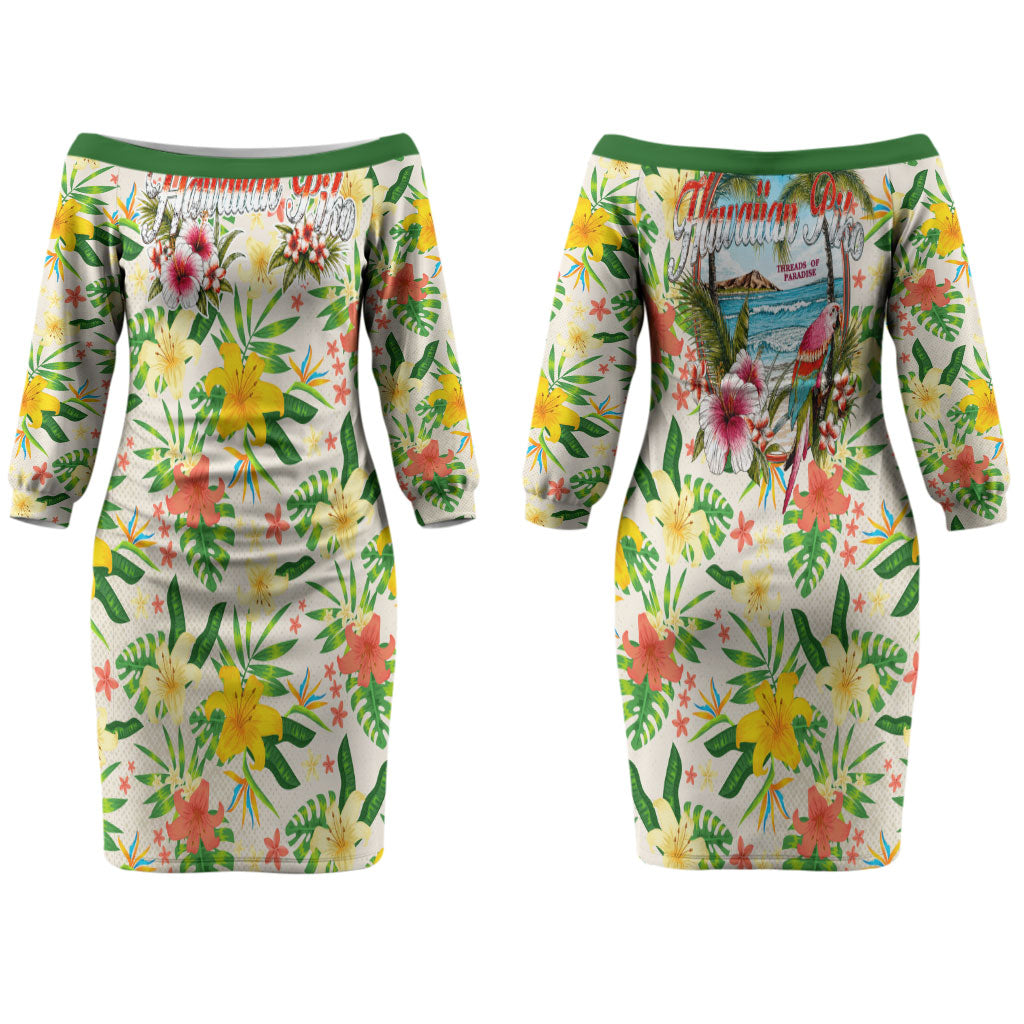 Hawaiian Piko Threads Of Paradise Aloha Family Matching Off The Shoulder Long Sleeve Dress and Hawaiian Shirt Tropical Hibiscus Plumeria