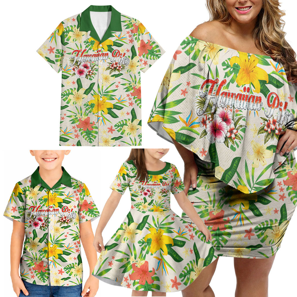 Hawaiian Piko Threads Of Paradise Aloha Family Matching Off Shoulder Short Dress and Hawaiian Shirt Tropical Hibiscus Plumeria