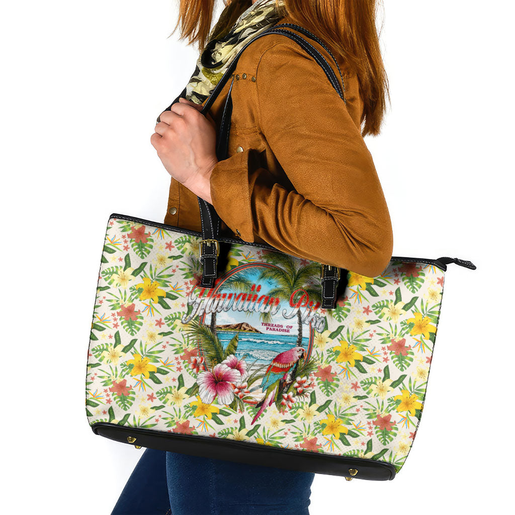 Hawaiian Piko Threads Of Paradise Aloha Leather Tote Bag Tropical Hibiscus Plumeria