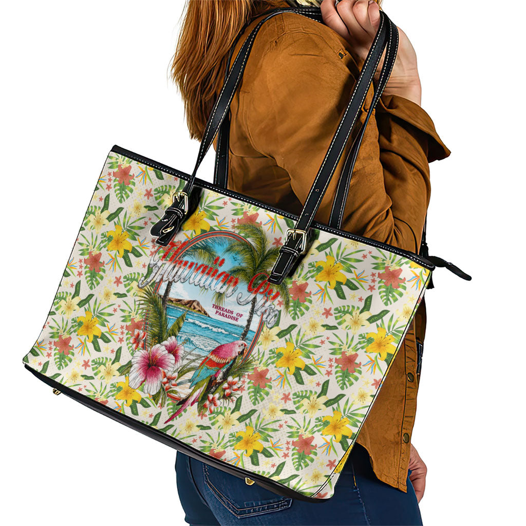 Hawaiian Piko Threads Of Paradise Aloha Leather Tote Bag Tropical Hibiscus Plumeria