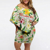 Hawaiian Piko Threads Of Paradise Aloha Off Shoulder Short Dress Tropical Hibiscus Plumeria