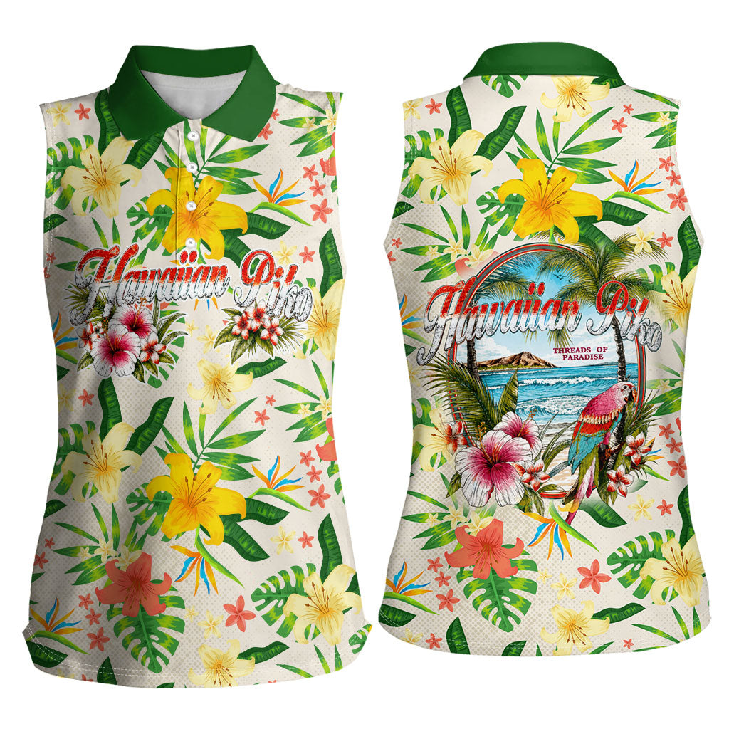 Hawaiian Piko Threads Of Paradise Aloha Women Sleeveless Polo Shirt Tropical Hibiscus Plumeria
