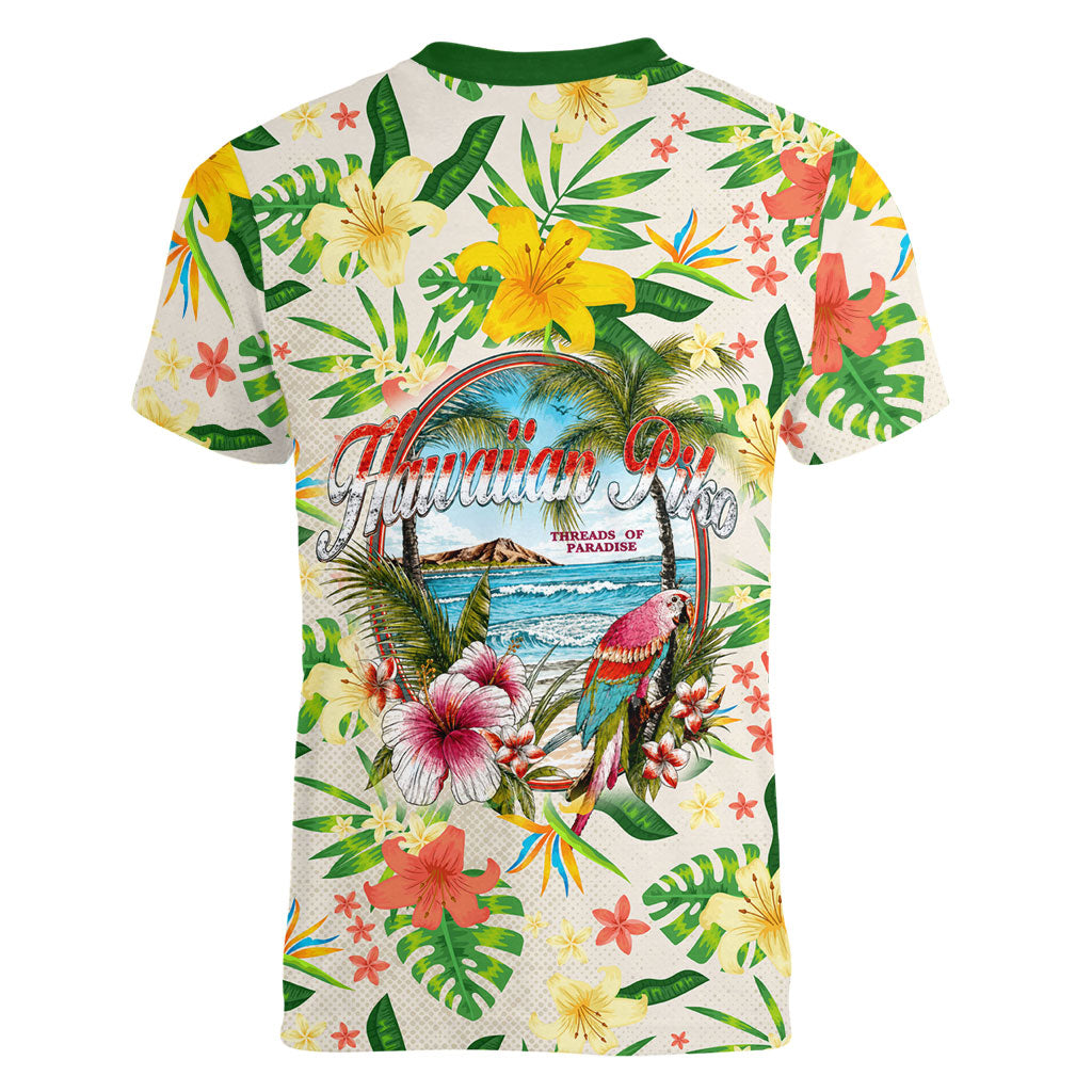 Hawaiian Piko Threads Of Paradise Aloha Women V-Neck T-Shirt Tropical Hibiscus Plumeria