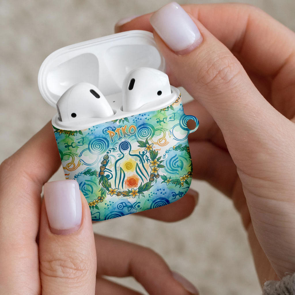 Hawaiian Piko Cultural Pride Aloha AirPods Case Watercolor Spiral Art - Tropical Plumeria Lei Garland