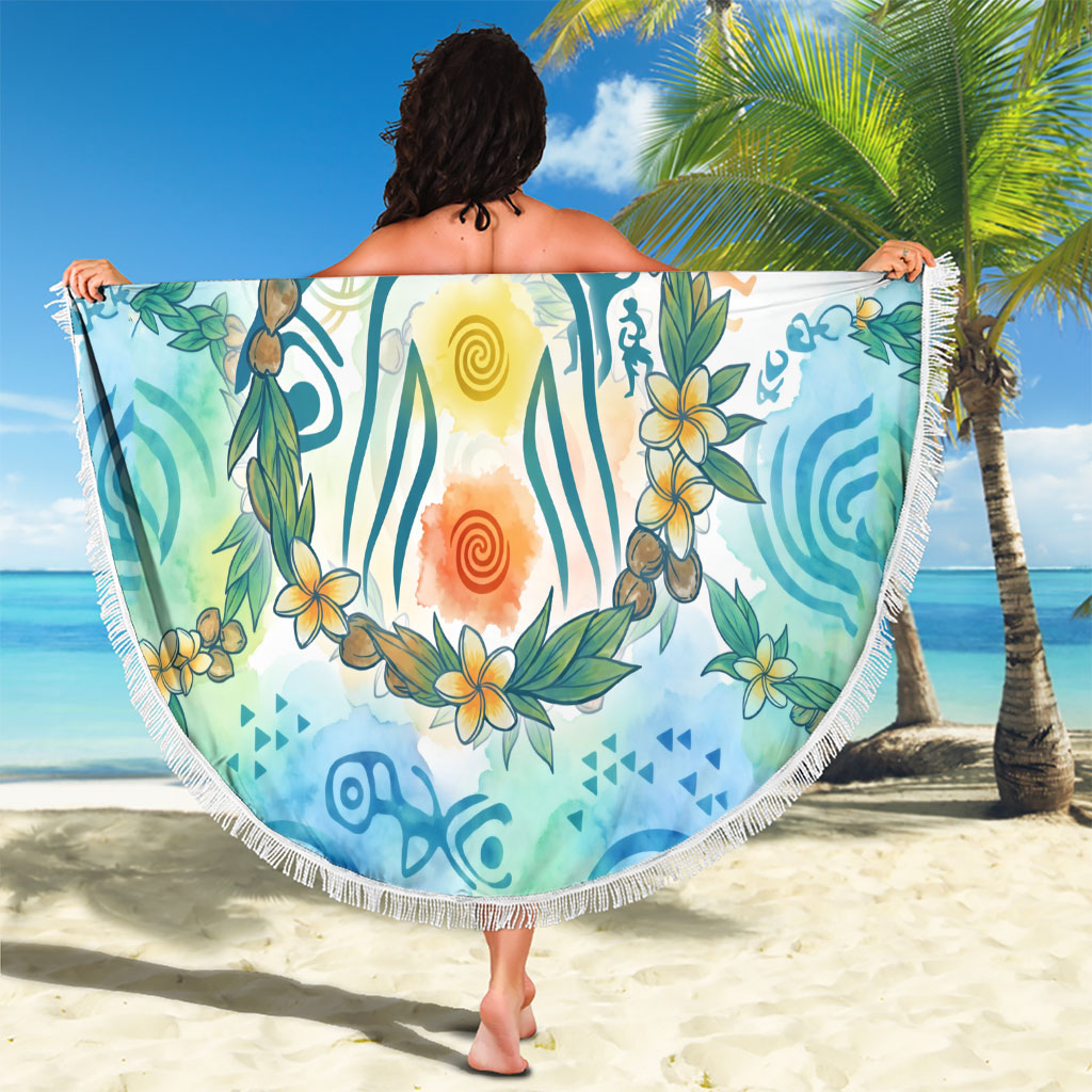 Hawaiian Piko Cultural Pride Aloha Beach Blanket Watercolor Spiral Art - Tropical Plumeria Lei Garland