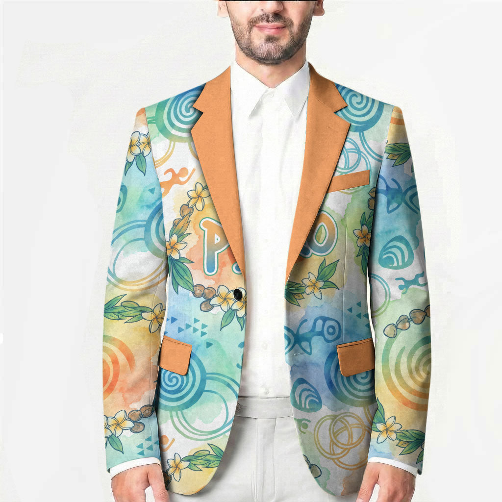 Hawaiian Piko Cultural Pride Aloha Blazer Watercolor Spiral Art - Tropical Plumeria Lei Garland