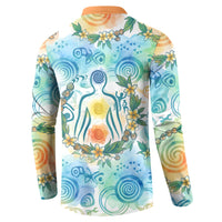 Hawaiian Piko Cultural Pride Aloha Button Sweatshirt Watercolor Spiral Art - Tropical Plumeria Lei Garland