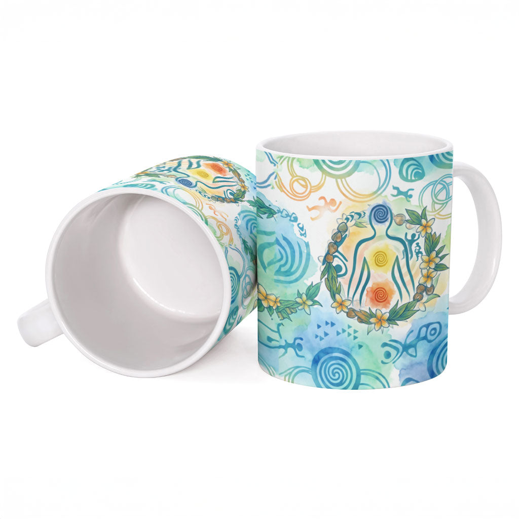 Hawaiian Piko Cultural Pride Aloha Ceramic Mug Watercolor Spiral Art - Tropical Plumeria Lei Garland