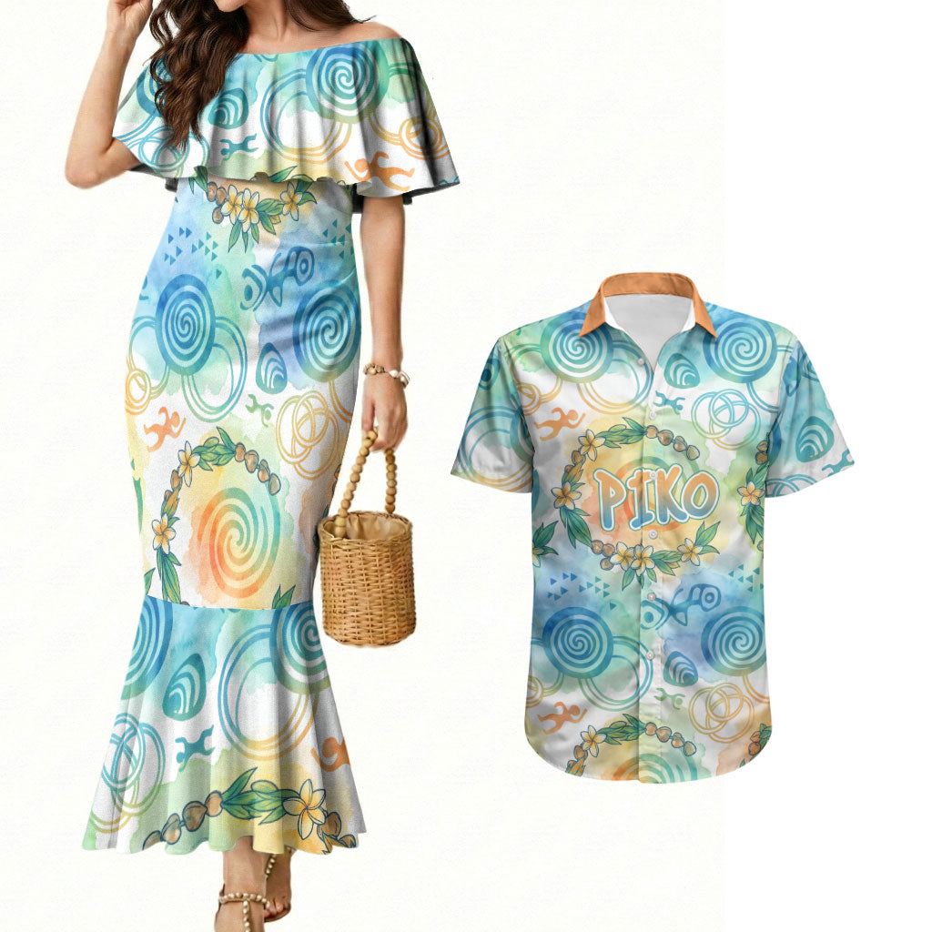 Hawaiian Piko Cultural Pride Aloha Couples Matching Mermaid Dress and Hawaiian Shirt Watercolor Spiral Art - Tropical Plumeria Lei Garland