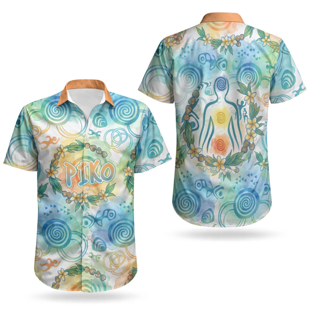 Hawaiian Piko Cultural Pride Aloha Couples Matching Off Shoulder Maxi Dress and Hawaiian Shirt Watercolor Spiral Art - Tropical Plumeria Lei Garland