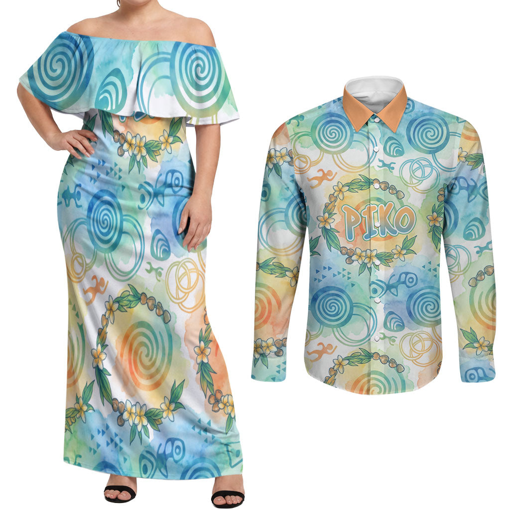 Hawaiian Piko Cultural Pride Aloha Couples Matching Off Shoulder Maxi Dress and Long Sleeve Button Shirt Watercolor Spiral Art - Tropical Plumeria Lei Garland
