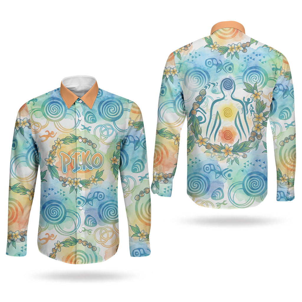 Hawaiian Piko Cultural Pride Aloha Couples Matching Off Shoulder Short Dress and Long Sleeve Button Shirt Watercolor Spiral Art - Tropical Plumeria Lei Garland