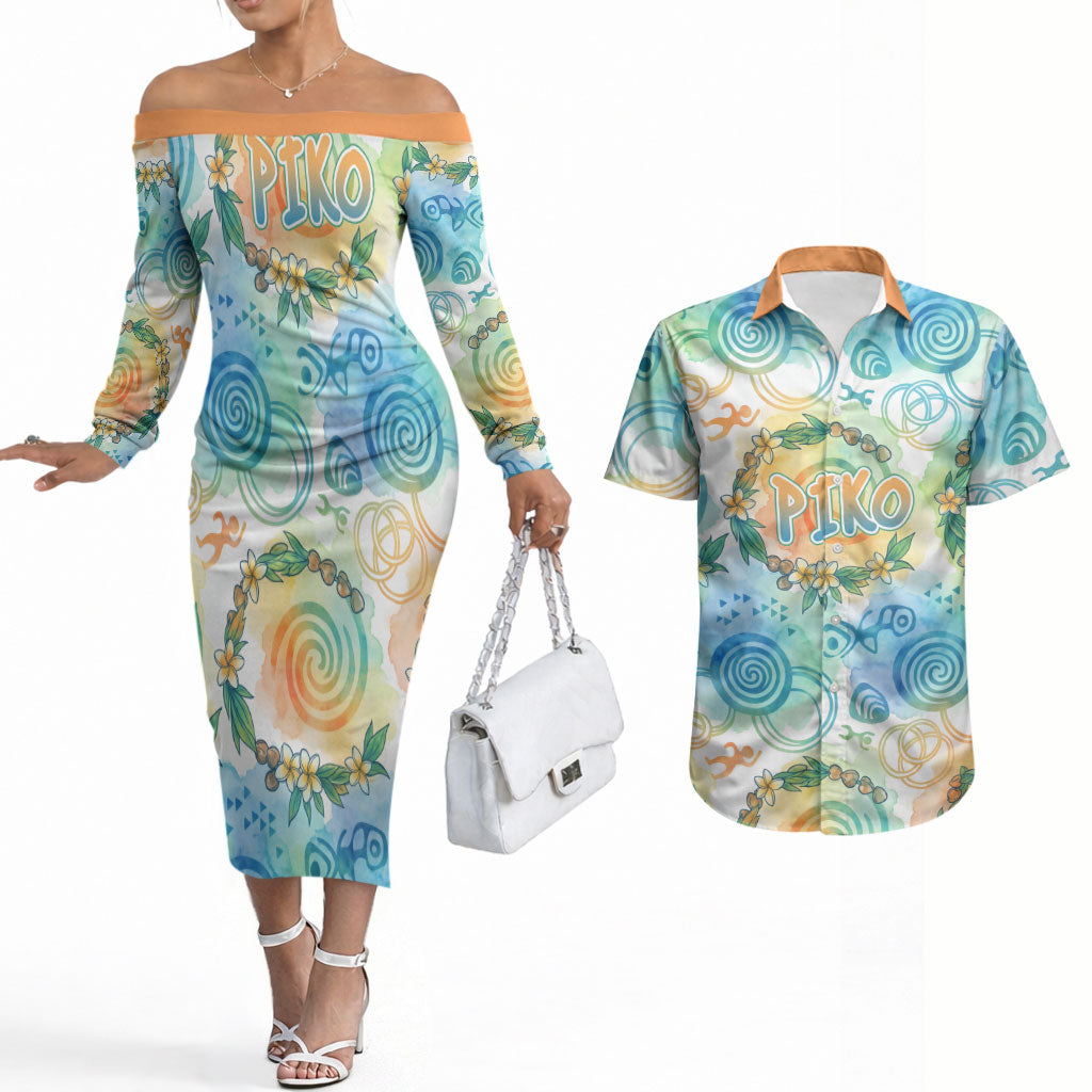 Hawaiian Piko Cultural Pride Aloha Couples Matching Off The Shoulder Long Sleeve Dress and Hawaiian Shirt Watercolor Spiral Art - Tropical Plumeria Lei Garland