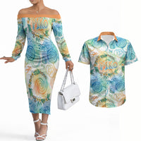 Hawaiian Piko Cultural Pride Aloha Couples Matching Off The Shoulder Long Sleeve Dress and Hawaiian Shirt Watercolor Spiral Art - Tropical Plumeria Lei Garland