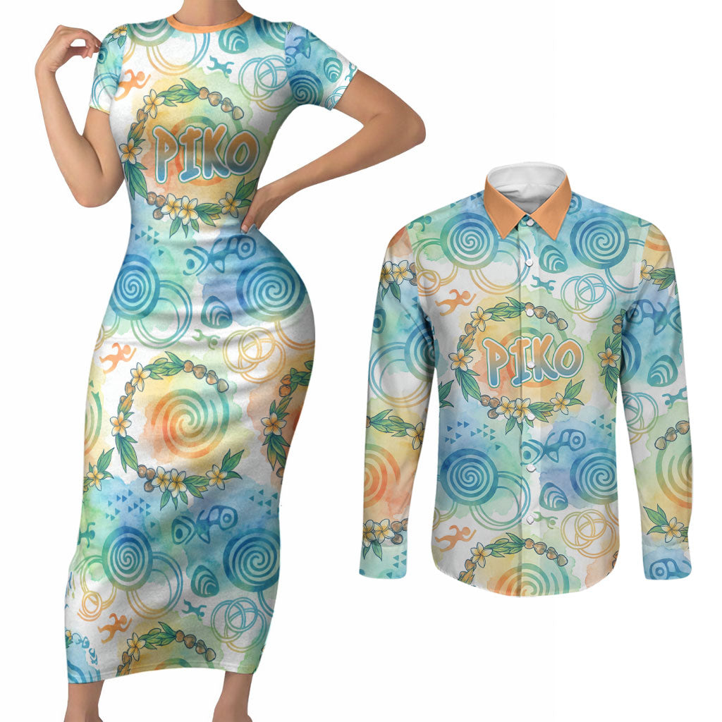 Hawaiian Piko Cultural Pride Aloha Couples Matching Short Sleeve Bodycon Dress and Long Sleeve Button Shirt Watercolor Spiral Art - Tropical Plumeria Lei Garland
