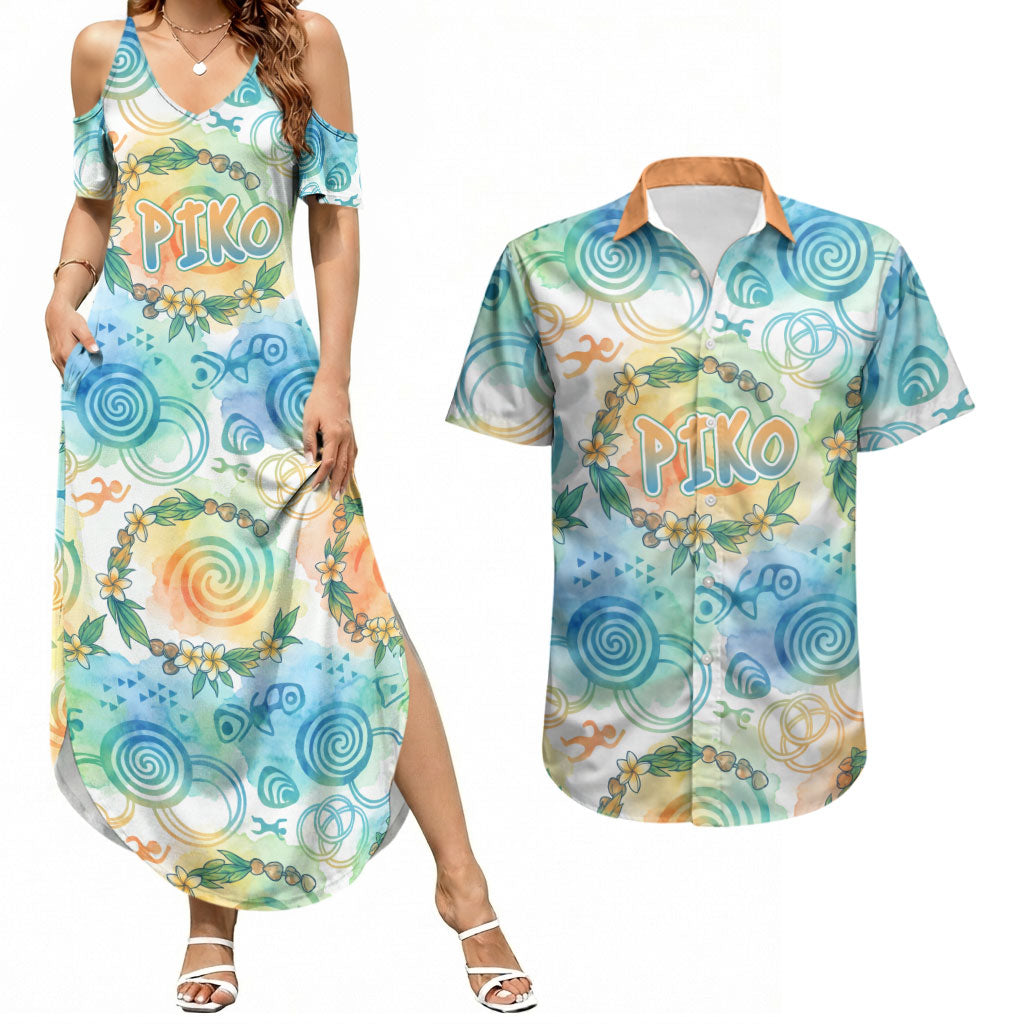 Hawaiian Piko Cultural Pride Aloha Couples Matching Summer Maxi Dress and Hawaiian Shirt Watercolor Spiral Art - Tropical Plumeria Lei Garland