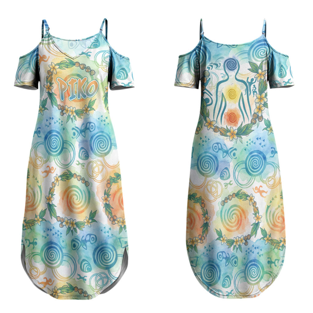 Hawaiian Piko Cultural Pride Aloha Couples Matching Summer Maxi Dress and Long Sleeve Button Shirt Watercolor Spiral Art - Tropical Plumeria Lei Garland