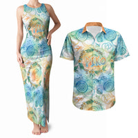 Hawaiian Piko Cultural Pride Aloha Couples Matching Tank Maxi Dress and Hawaiian Shirt Watercolor Spiral Art - Tropical Plumeria Lei Garland