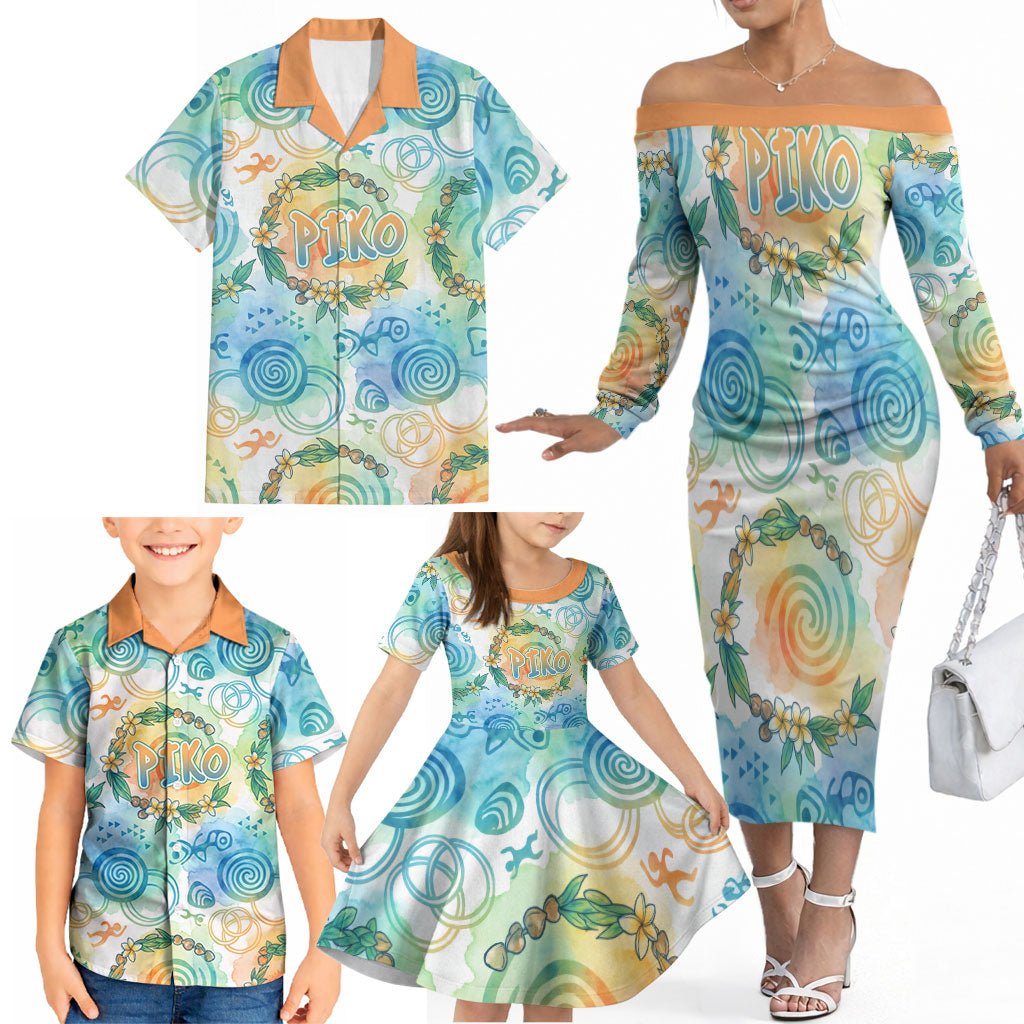 Hawaiian Piko Cultural Pride Aloha Family Matching Off The Shoulder Long Sleeve Dress and Hawaiian Shirt Watercolor Spiral Art - Tropical Plumeria Lei Garland