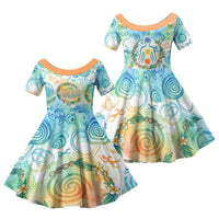 Hawaiian Piko Cultural Pride Aloha Family Matching Off Shoulder Maxi Dress and Hawaiian Shirt Watercolor Spiral Art - Tropical Plumeria Lei Garland
