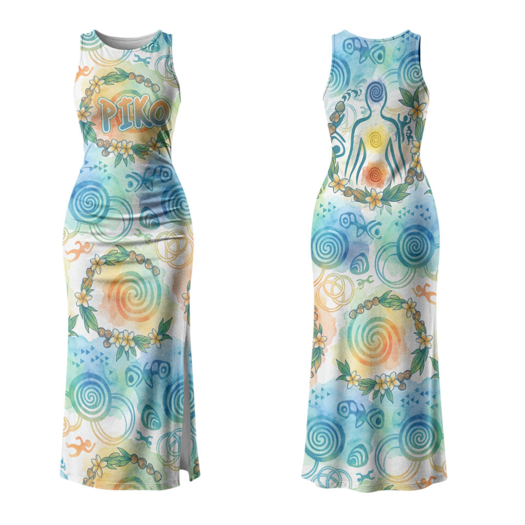 Hawaiian Piko Cultural Pride Aloha Family Matching Tank Maxi Dress and Hawaiian Shirt Watercolor Spiral Art - Tropical Plumeria Lei Garland