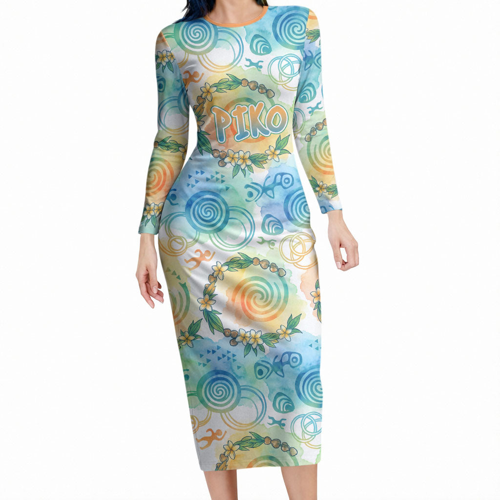 Hawaiian Piko Cultural Pride Aloha Long Sleeve Bodycon Dress Watercolor Spiral Art - Tropical Plumeria Lei Garland