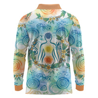 Hawaiian Piko Cultural Pride Aloha Long Sleeve Polo Shirt Watercolor Spiral Art - Tropical Plumeria Lei Garland
