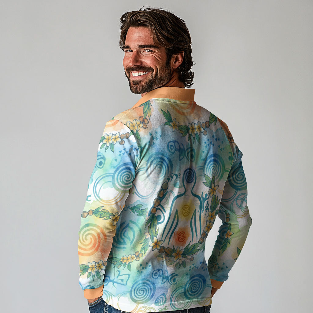 Hawaiian Piko Cultural Pride Aloha Long Sleeve Polo Shirt Watercolor Spiral Art - Tropical Plumeria Lei Garland